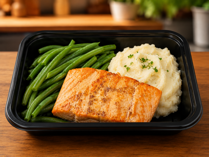Dijon Salmon with Mashed Potato and Green Beans