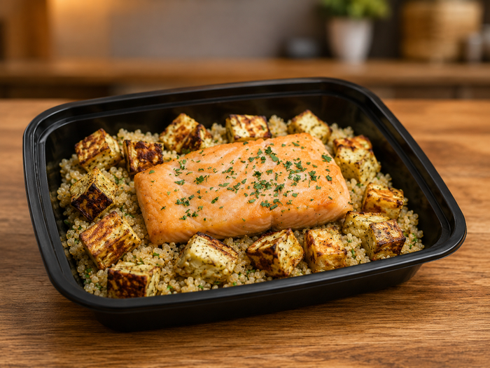 Seared Salmon, Roasted Eggplant and Herbed Quinoa