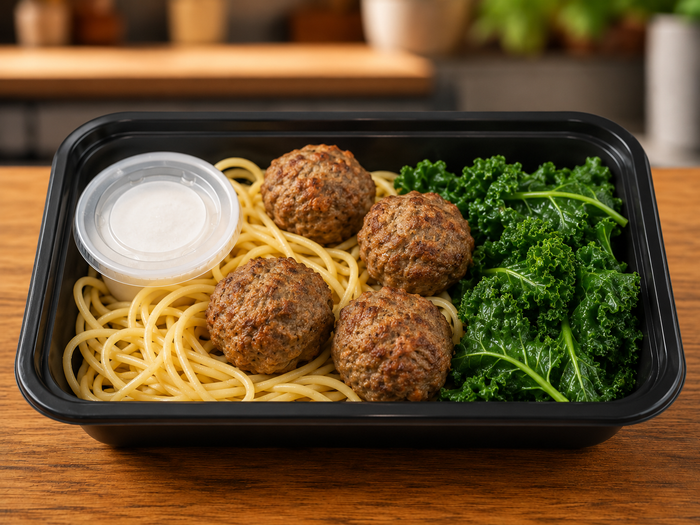 Spaghetti and Meatballs with Steamed Kale