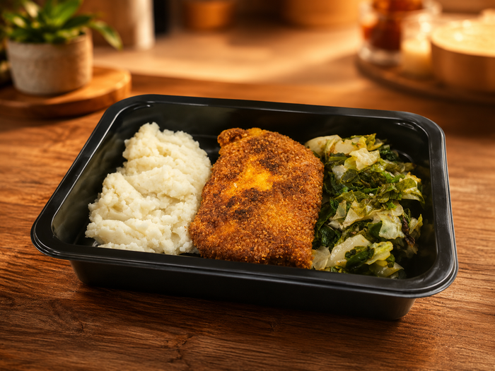 Chicken Schnitzel, Mashed Potatoes and Cabbage