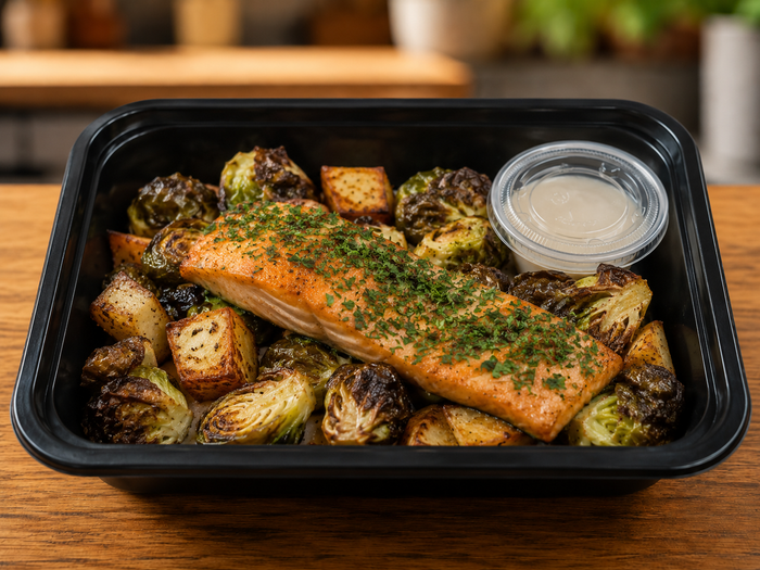 Lemon Herb Salmon, Roasted Potatoes and Brussel Sprouts