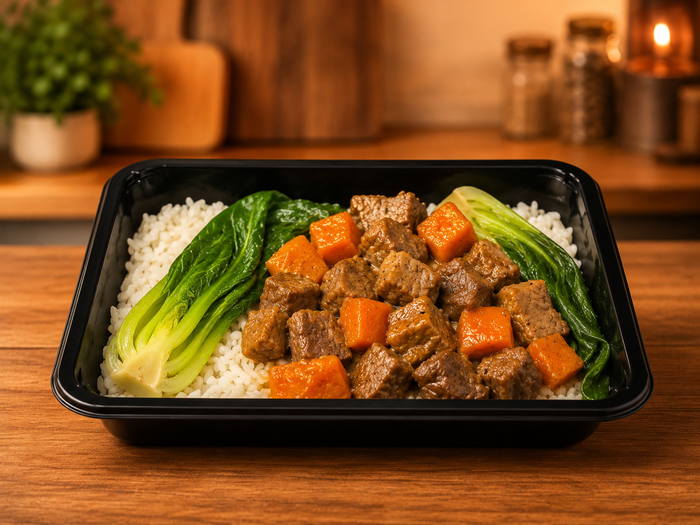 Ginger Braised Beef, Bok Choy and Rice