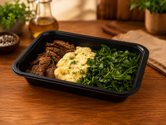 BBQ Beef Bowl with Polenta and Collard Greens